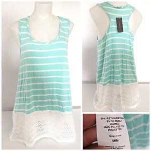 Summer Beach Stretch Striped Menth & White Camisole Tank Top W/ Boho Lace Sz M